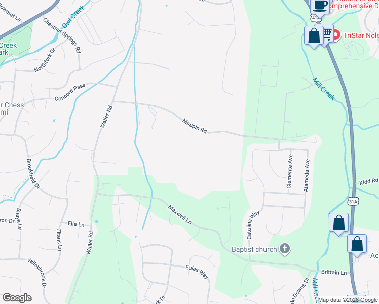 map of restaurants, bars, coffee shops, grocery stores, and more near 9923 Maupin Road in Brentwood