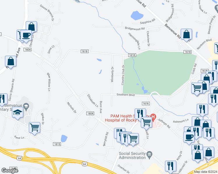 map of restaurants, bars, coffee shops, grocery stores, and more near 45 Wimberly Drive in Rocky Mount