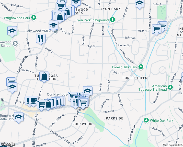 map of restaurants, bars, coffee shops, grocery stores, and more near 1605 Cliff Street in Durham
