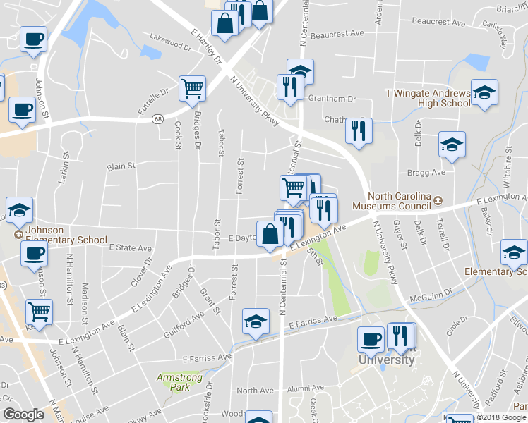 map of restaurants, bars, coffee shops, grocery stores, and more near 1001 Charlotte Avenue in High Point