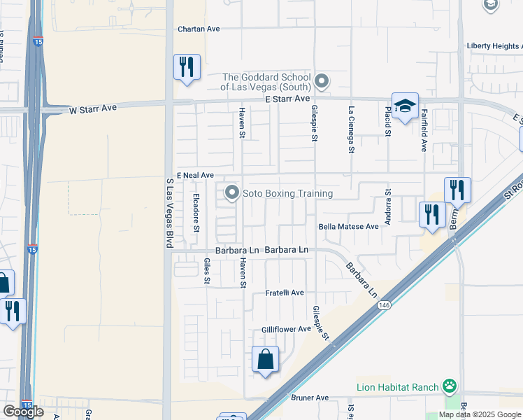 map of restaurants, bars, coffee shops, grocery stores, and more near 11591 South Stivali Street in Las Vegas