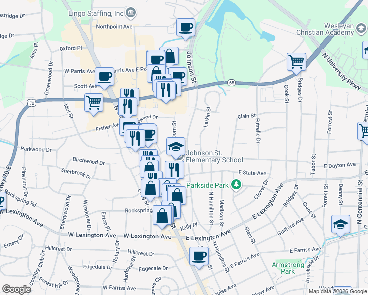 map of restaurants, bars, coffee shops, grocery stores, and more near 135 East Dayton Avenue in High Point