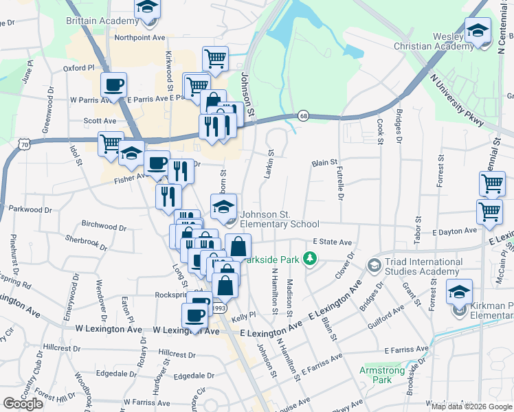 map of restaurants, bars, coffee shops, grocery stores, and more near 303 East Dayton Avenue in High Point