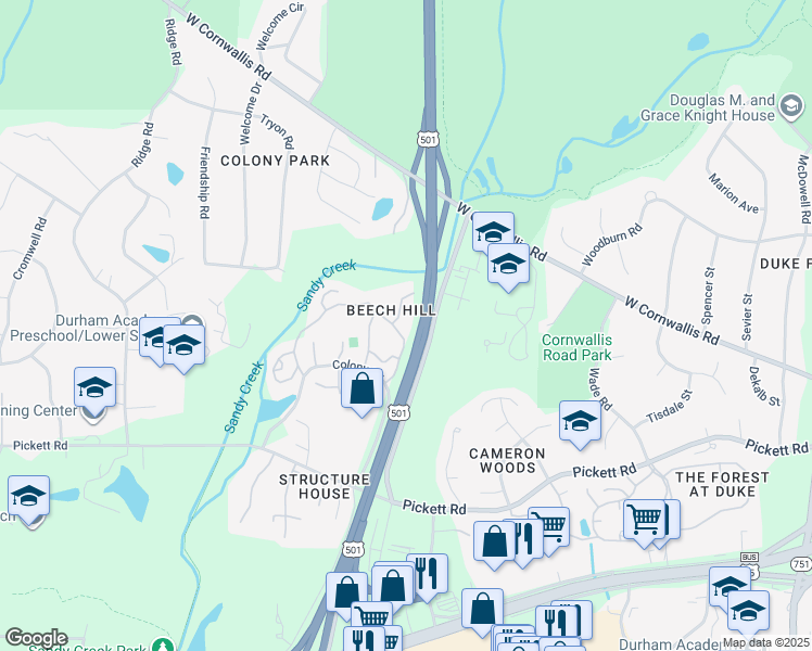 map of restaurants, bars, coffee shops, grocery stores, and more near 12 Pinnacle Road in Durham