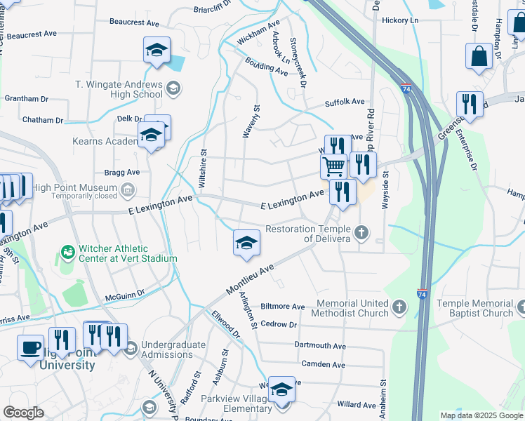 map of restaurants, bars, coffee shops, grocery stores, and more near 2410 East Lexington Avenue in High Point