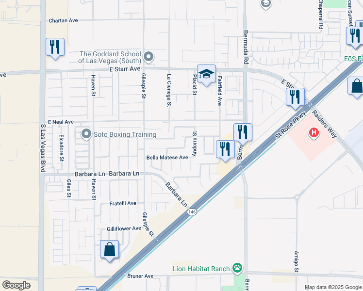map of restaurants, bars, coffee shops, grocery stores, and more near 259 Calvino Avenue in Las Vegas