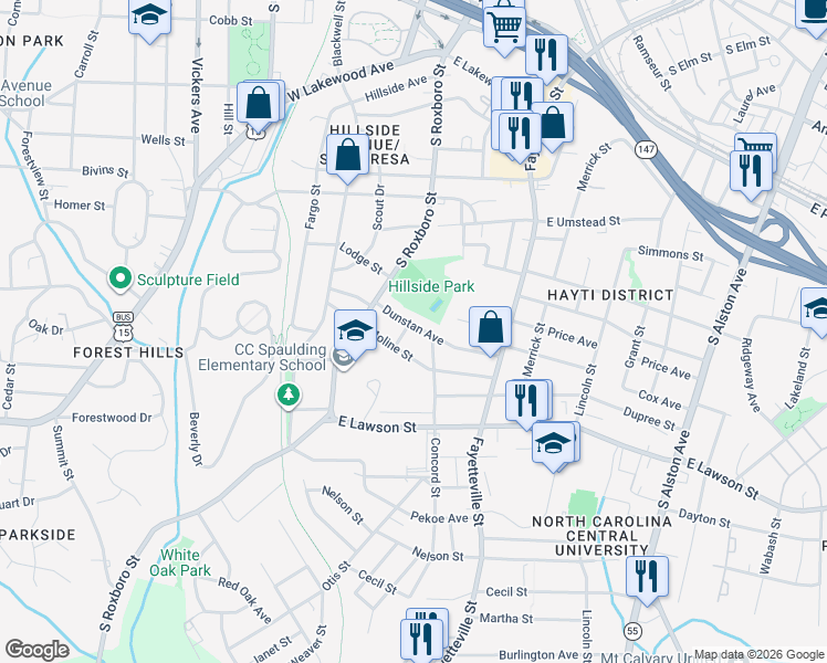 map of restaurants, bars, coffee shops, grocery stores, and more near 1504 Concord Street in Durham
