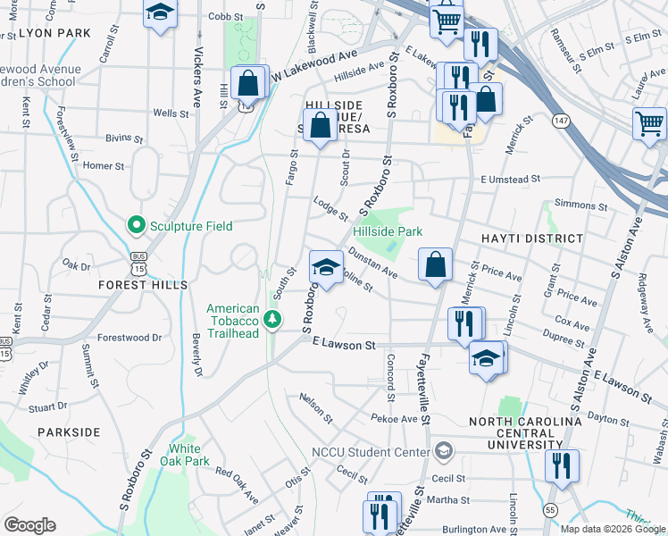 map of restaurants, bars, coffee shops, grocery stores, and more near 1511 South Roxboro Street in Durham
