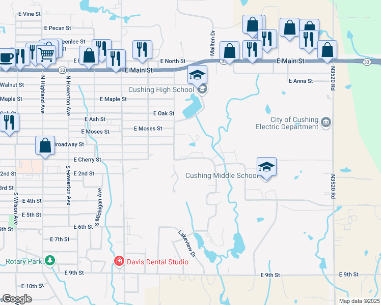 map of restaurants, bars, coffee shops, grocery stores, and more near 1619 Timber Ridge Drive in Cushing