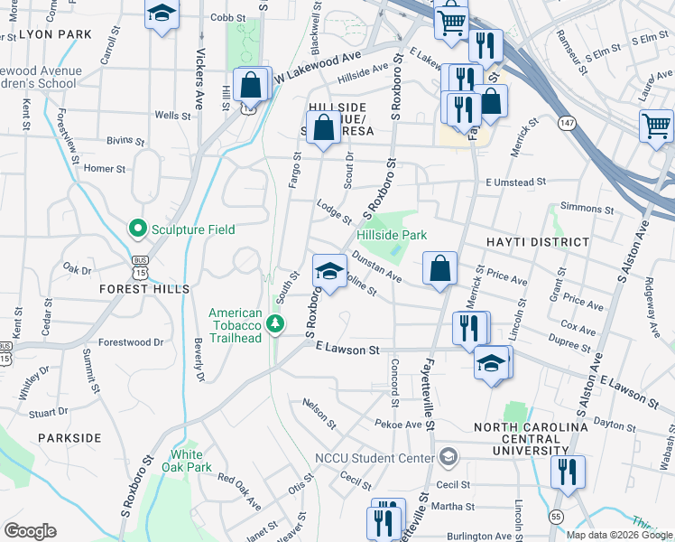 map of restaurants, bars, coffee shops, grocery stores, and more near 1511 South Roxboro Street in Durham