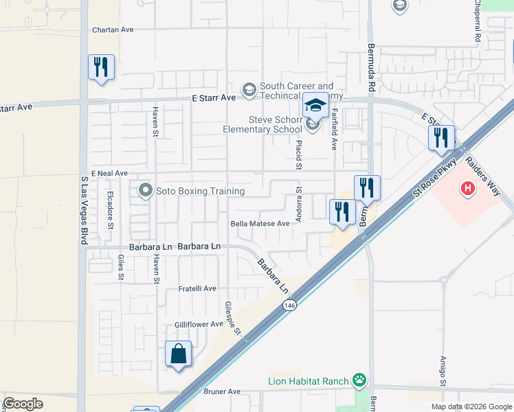map of restaurants, bars, coffee shops, grocery stores, and more near 227 Calvino Avenue in Las Vegas