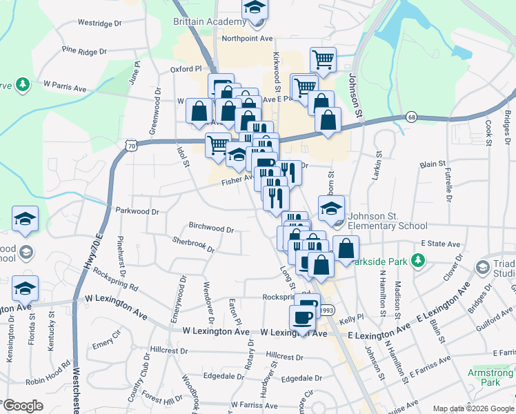 map of restaurants, bars, coffee shops, grocery stores, and more near 1606 Long Street in High Point