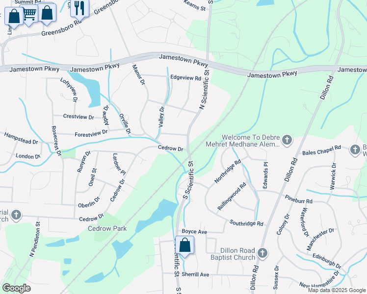 map of restaurants, bars, coffee shops, grocery stores, and more near 101 North Scientific Street in High Point