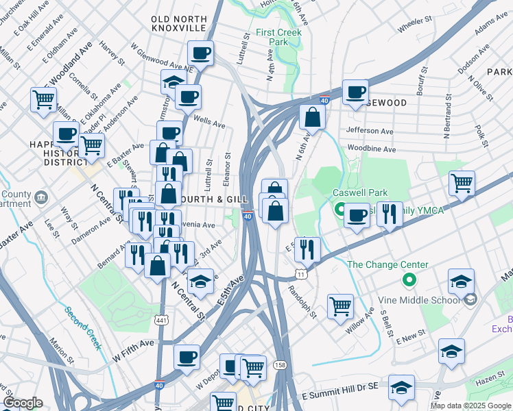 map of restaurants, bars, coffee shops, grocery stores, and more near 803 North 4th Avenue in Knoxville