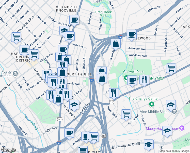 map of restaurants, bars, coffee shops, grocery stores, and more near 803 North 4th Avenue in Knoxville