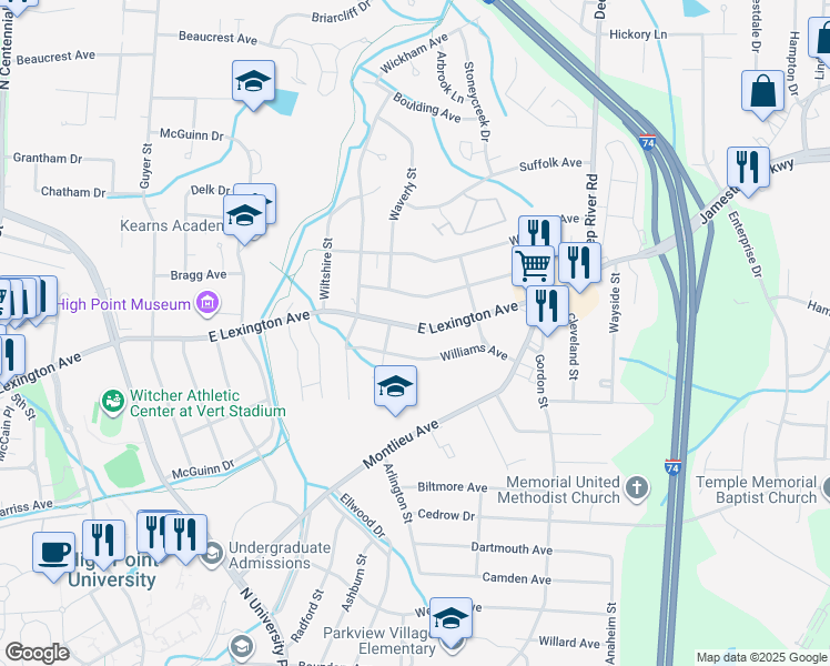 map of restaurants, bars, coffee shops, grocery stores, and more near 2411 Williams Avenue in High Point