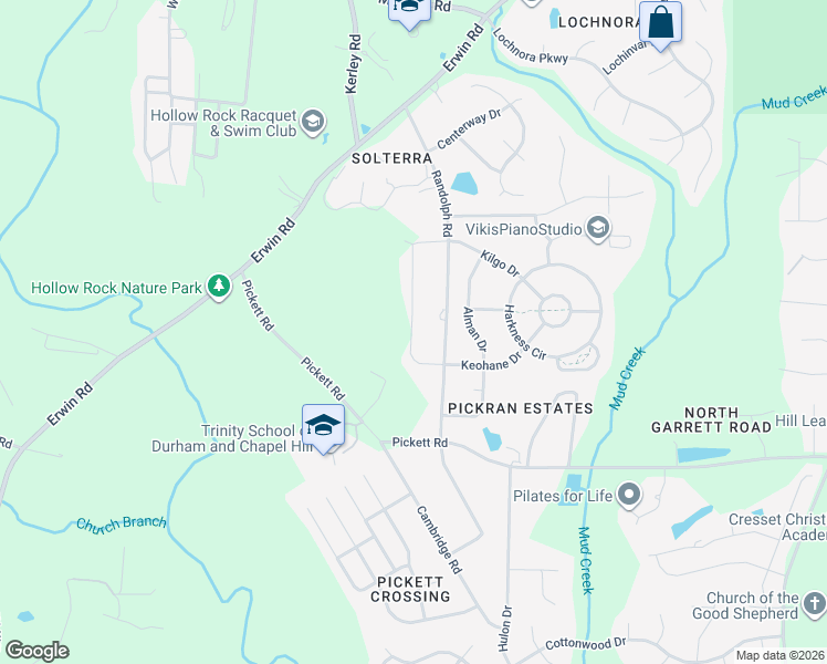 map of restaurants, bars, coffee shops, grocery stores, and more near 3826 Keohane Drive in Durham