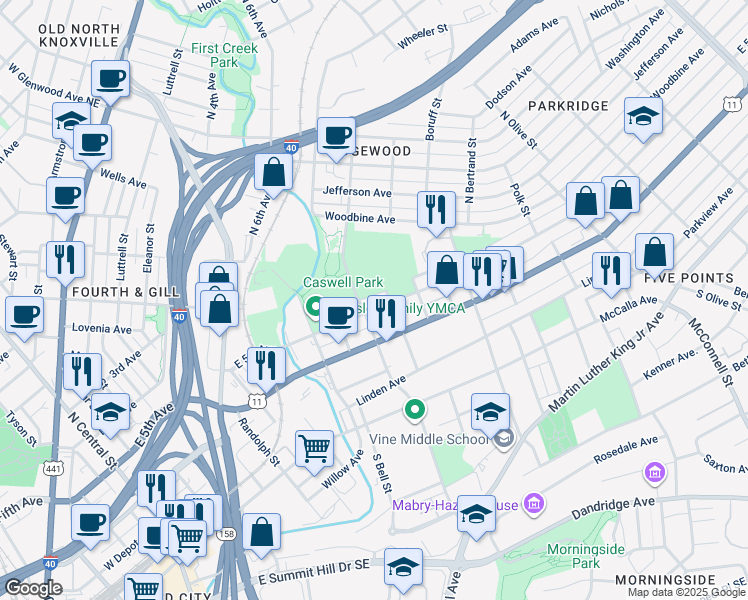 map of restaurants, bars, coffee shops, grocery stores, and more near 1505 East 5th Avenue in Knoxville