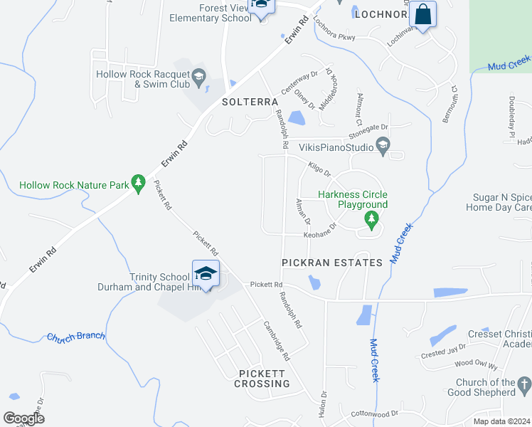 map of restaurants, bars, coffee shops, grocery stores, and more near 3826 Keohane Drive in Durham