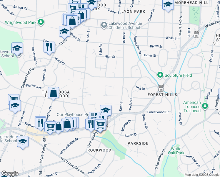 map of restaurants, bars, coffee shops, grocery stores, and more near 1605 Cliff Street in Durham