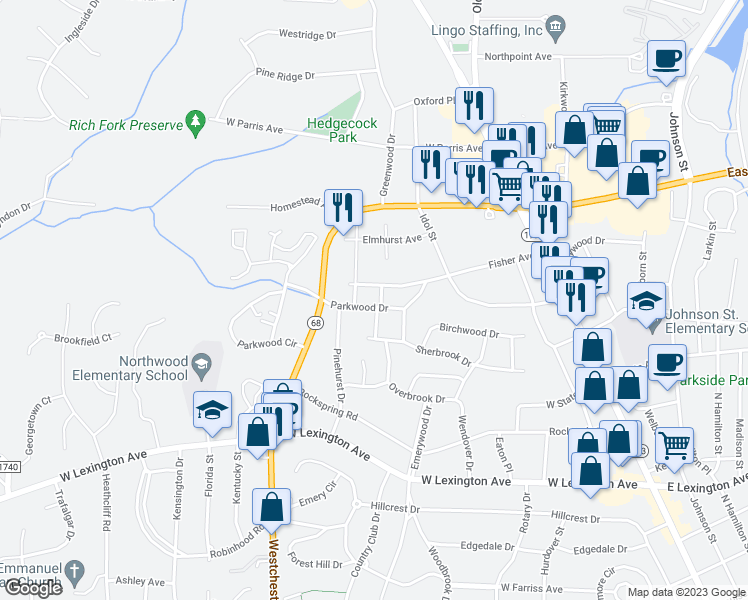 map of restaurants, bars, coffee shops, grocery stores, and more near 1803 Whitehall Street in High Point