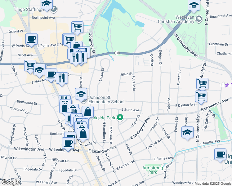 map of restaurants, bars, coffee shops, grocery stores, and more near 1811 Blain Street in High Point