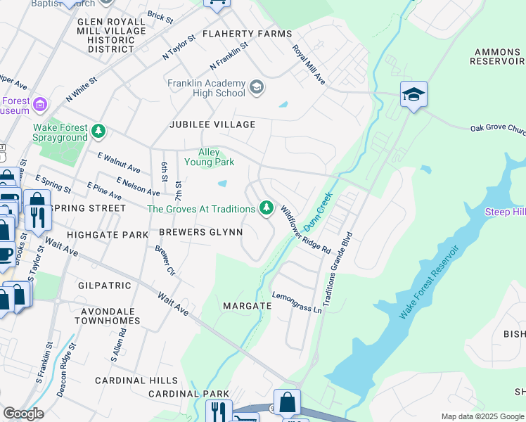 map of restaurants, bars, coffee shops, grocery stores, and more near 1017 Woodland Grove Way in Wake Forest