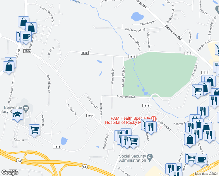 map of restaurants, bars, coffee shops, grocery stores, and more near 45 Wimberly Drive in Rocky Mount