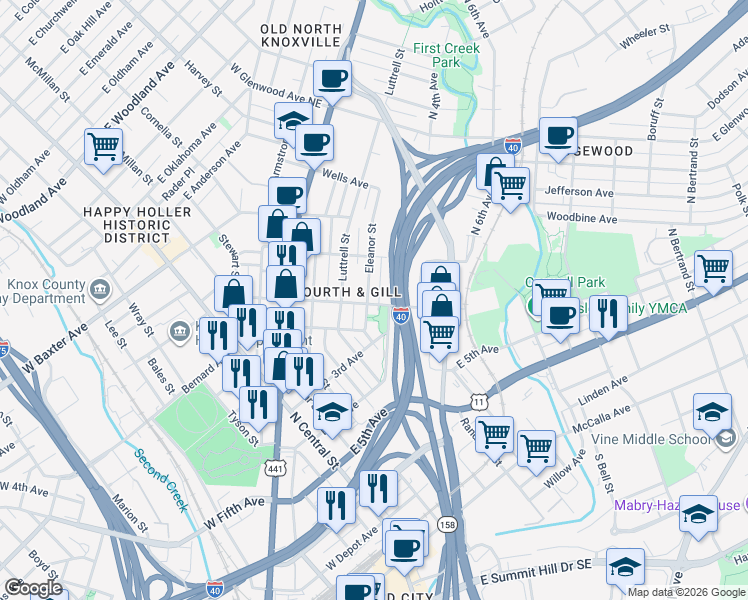 map of restaurants, bars, coffee shops, grocery stores, and more near 603 Gill Avenue in Knoxville
