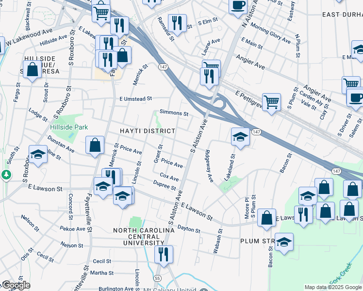 map of restaurants, bars, coffee shops, grocery stores, and more near 1102 Linwood Avenue in Durham