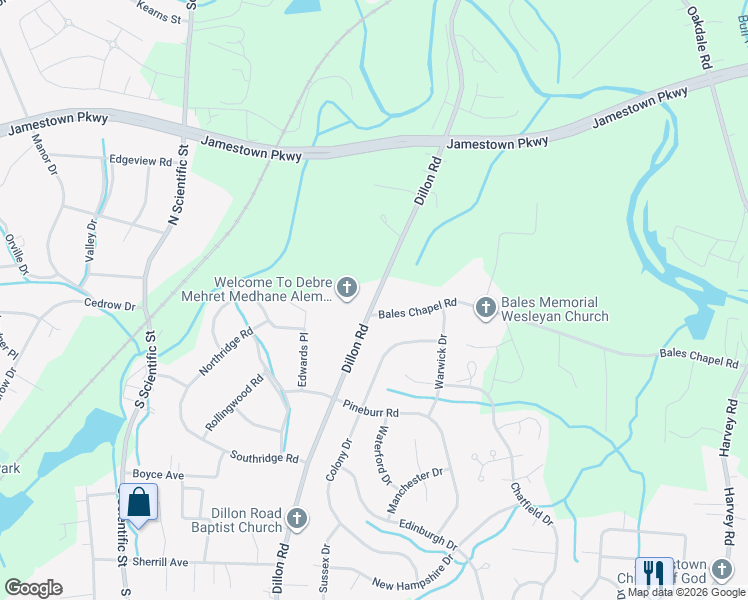 map of restaurants, bars, coffee shops, grocery stores, and more near 3321 Dillon Road in Jamestown
