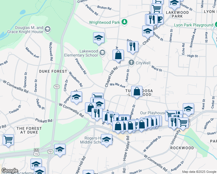 map of restaurants, bars, coffee shops, grocery stores, and more near 2603 Chapel Hill Road in Durham