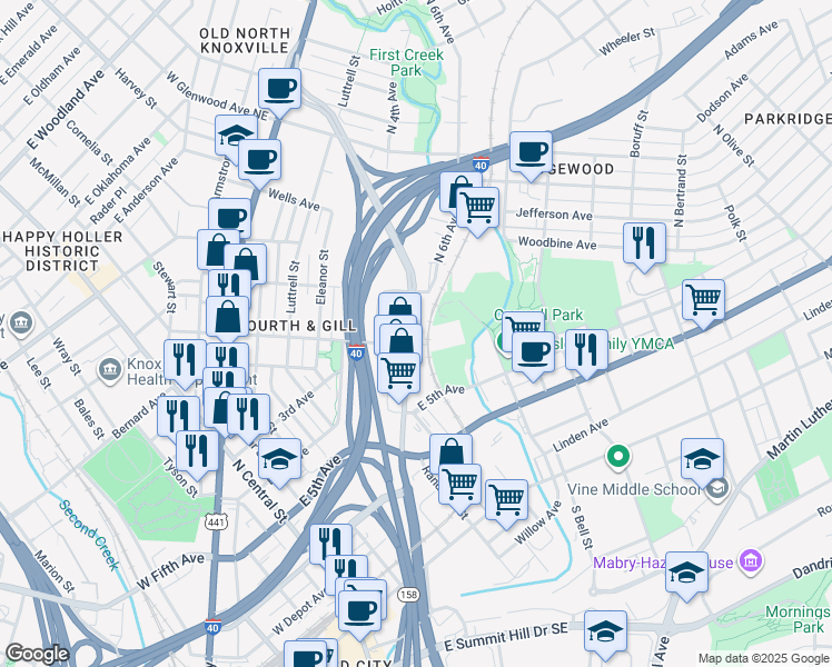 map of restaurants, bars, coffee shops, grocery stores, and more near 812 Hall of Fame Drive in Knoxville