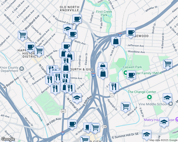 map of restaurants, bars, coffee shops, grocery stores, and more near 611 Gill Avenue in Knoxville