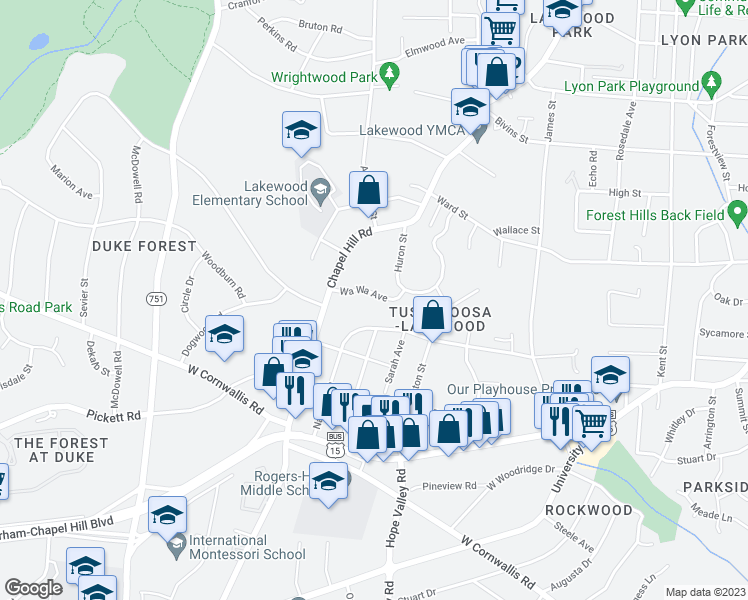 map of restaurants, bars, coffee shops, grocery stores, and more near 2017 Wa Wa Avenue in Durham