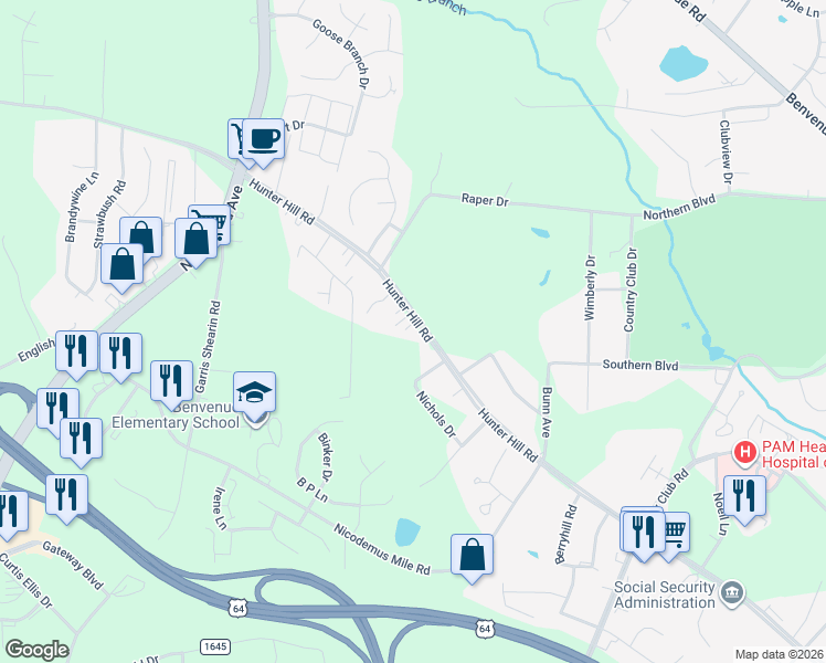 map of restaurants, bars, coffee shops, grocery stores, and more near 2033 Hunter Hill Road in Rocky Mount