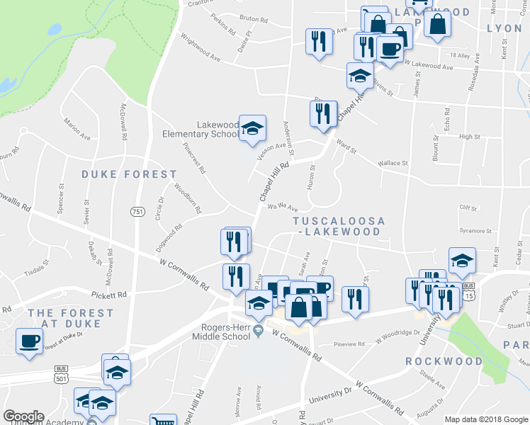 map of restaurants, bars, coffee shops, grocery stores, and more near 2607 Chapel Hill Road in Durham