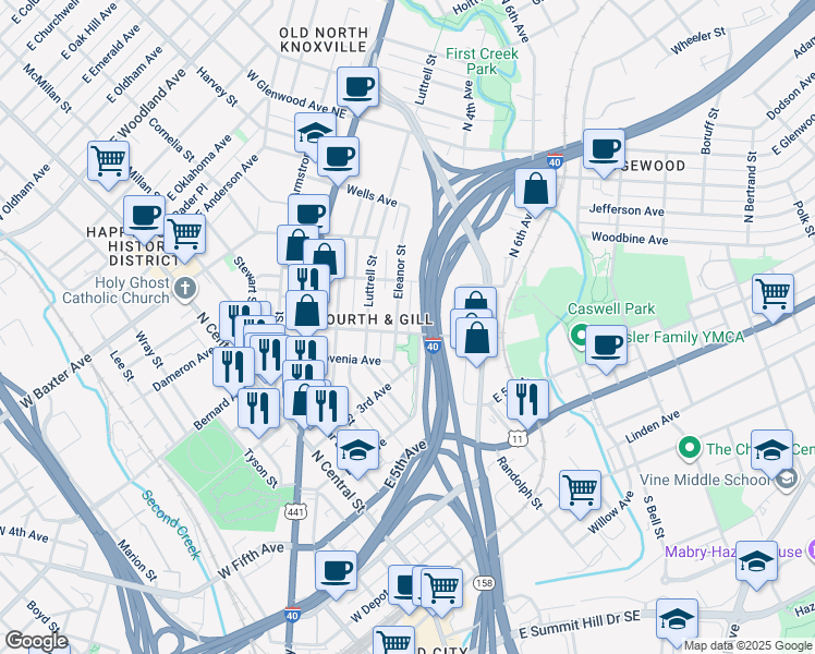 map of restaurants, bars, coffee shops, grocery stores, and more near 610 Gill Avenue in Knoxville
