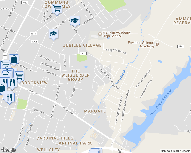 map of restaurants, bars, coffee shops, grocery stores, and more near 1133 Woodland Grove Way in Wake Forest