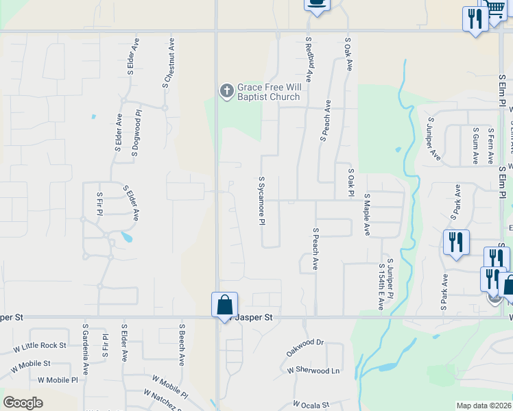map of restaurants, bars, coffee shops, grocery stores, and more near 7402 South Sycamore Place in Broken Arrow