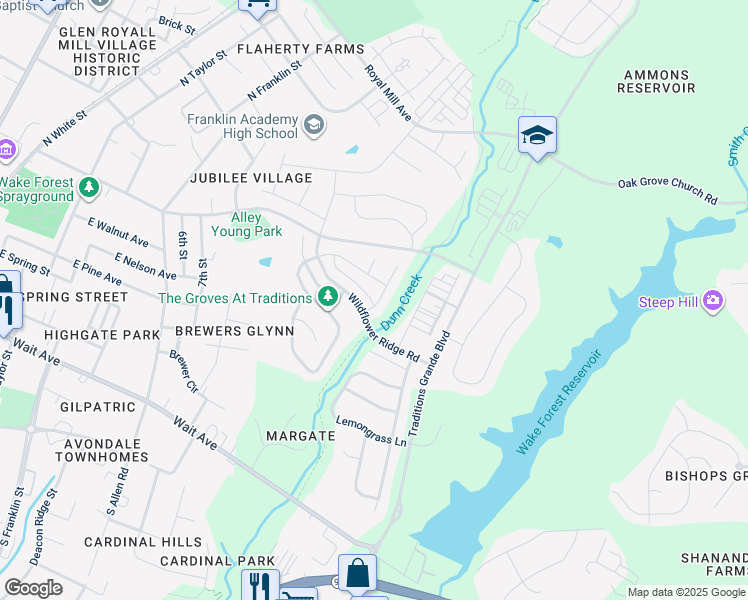 map of restaurants, bars, coffee shops, grocery stores, and more near 409 Nightingale Court in Wake Forest