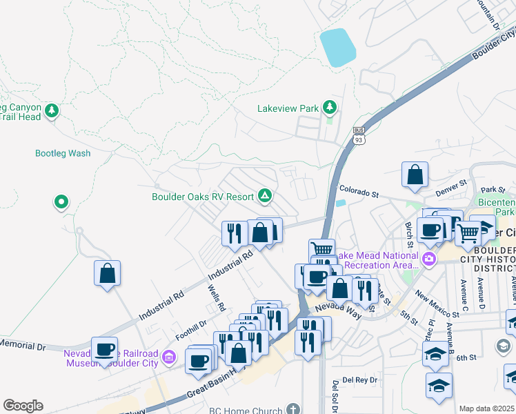 map of restaurants, bars, coffee shops, grocery stores, and more near 830 Oriole Way in Boulder City