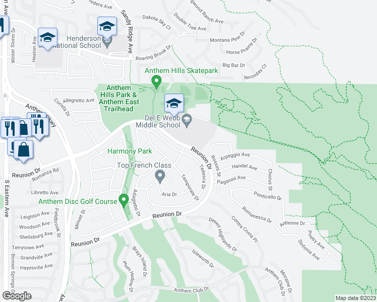 map of restaurants, bars, coffee shops, grocery stores, and more near 2282 Tedesca Drive in Henderson