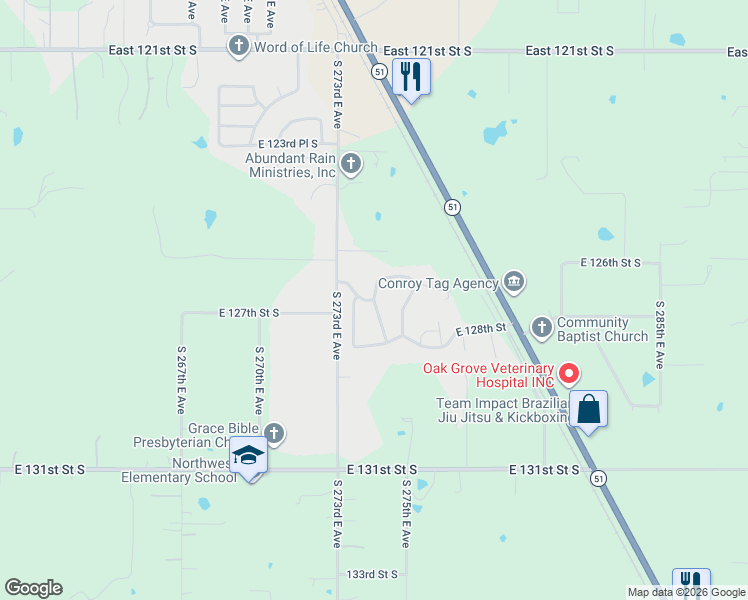map of restaurants, bars, coffee shops, grocery stores, and more near 27408 East 126th Street South in Coweta