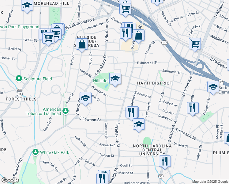 map of restaurants, bars, coffee shops, grocery stores, and more near 402 Price Avenue in Durham