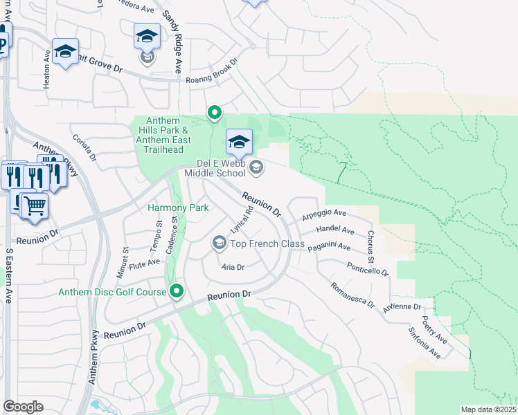 map of restaurants, bars, coffee shops, grocery stores, and more near 2282 Tedesca Drive in Henderson