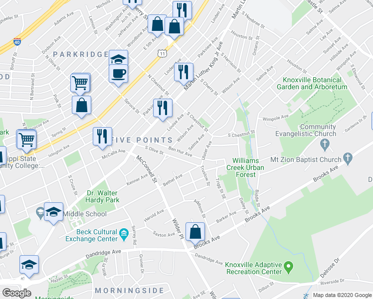 map of restaurants, bars, coffee shops, grocery stores, and more near 524 Ben Hur Avenue in Knoxville