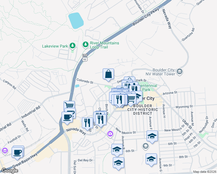map of restaurants, bars, coffee shops, grocery stores, and more near 300 Railroad Avenue in Boulder City