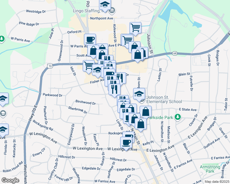 map of restaurants, bars, coffee shops, grocery stores, and more near North Main Street in High Point