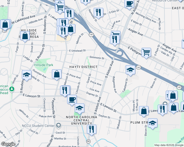 map of restaurants, bars, coffee shops, grocery stores, and more near 817 Massey Avenue in Durham